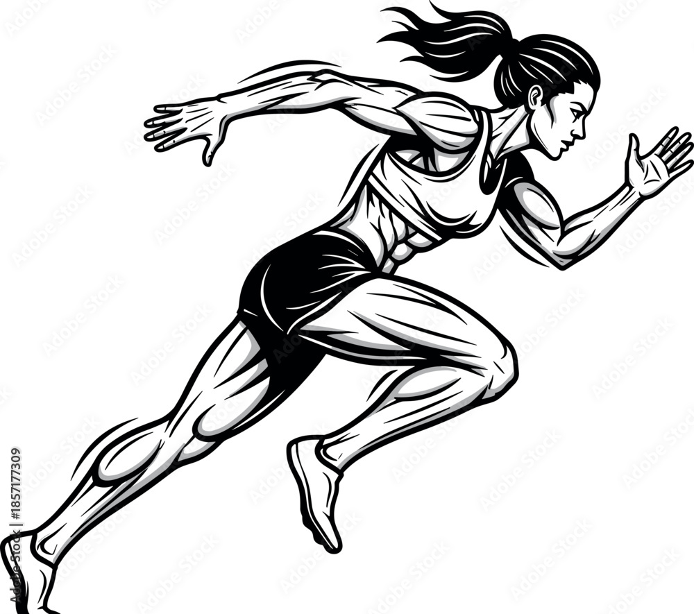 Fototapeta premium Detailed Line Art Illustration of a Muscular Female Runner in Mid-Sprint Action, Highlighting Dynamic Movement, Power, and Athleticism
