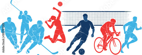 Diverse Group of Athletes in Blue and Red Silhouettes Participating in Various Sports, Including Hockey, Volleyball, Cycling, and Soccer Action