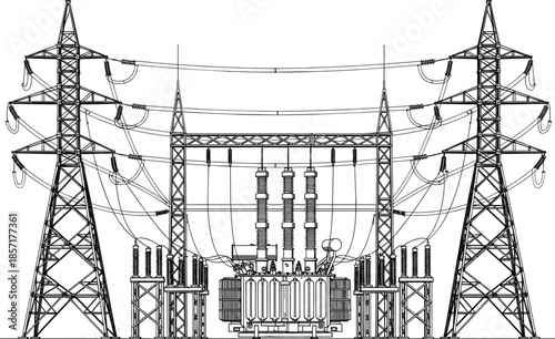 High voltage transmission towers with electrical substation transformer, power grid energy distribution network, cad drawing flat vector illustration, industrial blueprint.