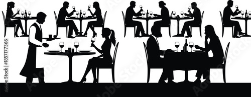Restaurant dining scene silhouettes, waiter serving couple, people eating drinking wine at tables, black icons, cad drawing flat vector illustration.