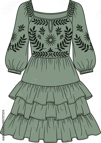 Sage green women dress with floral embroidery, puff sleeves and tiered skirt, fashion design template, cad drawing flat vector illustration.