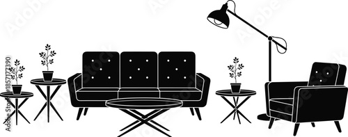 Living room furniture silhouette set, sofa armchair and lamp, modern home interior design, black icon, cad drawing flat vector illustration.