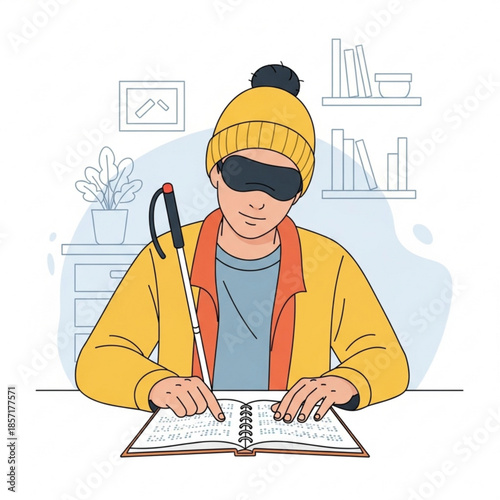 Blind person reading braille book concept of accessibility and education vector illustration for inclusivity