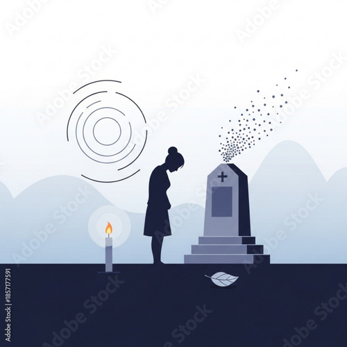 Woman mourning at a tombstone with a candle and a leaf concept of loss and remembrance minimalist illustration