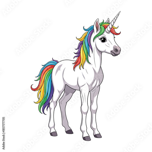 A white unicorn with a rainbow mane and tail stands gracefully.