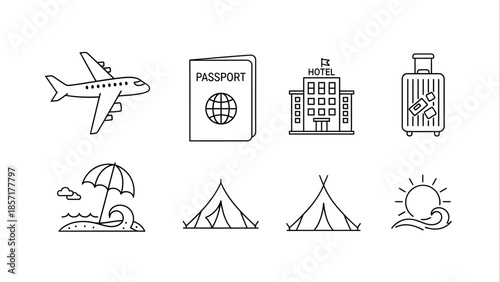 Collection of Travel Icons Representing Different Aspects of Vacation and Journey.