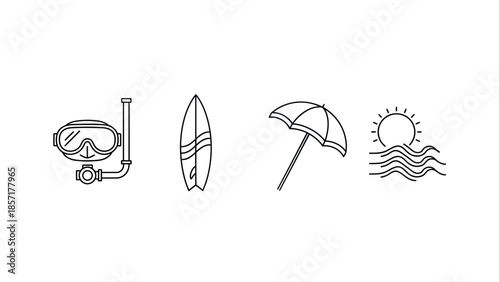 Set of Summer Vacation Icons Including Snorkel Surfboard Umbrella and Sun Over Waves.