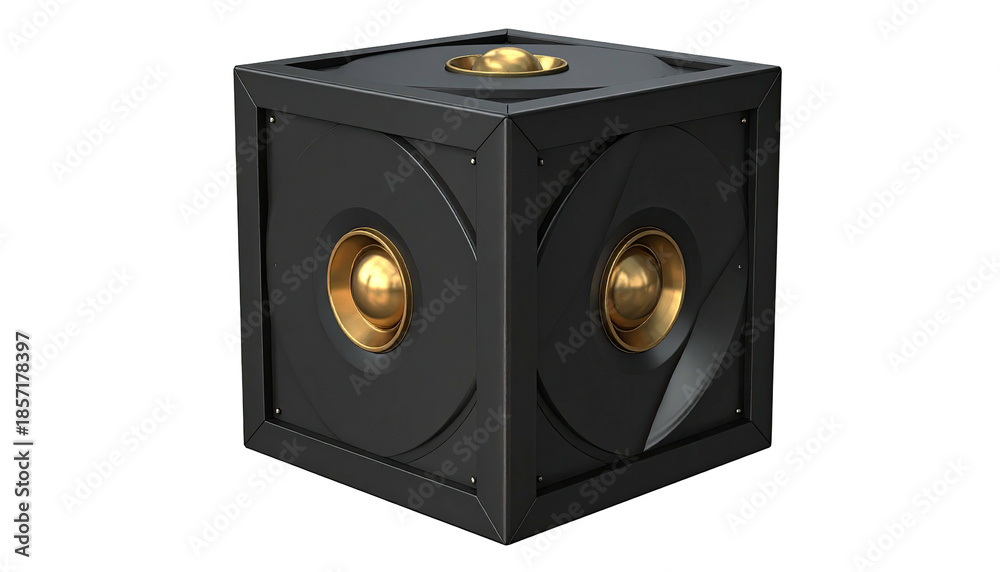 Obraz premium A black cube with gold accents, sphere-like details, and a dark background