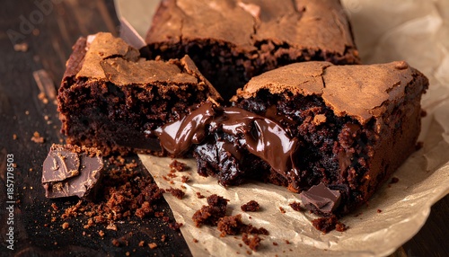 Macro Shot of a Dense, Fudgy Chocolate Brownie with a Molten Core