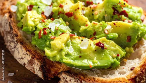 Macro Shot of Rustic Smashed Avocado on Thick Cut Artisanal Sourdough Toast