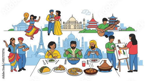 Diverse cultural expressions and global cuisine depicted with iconic landmarks