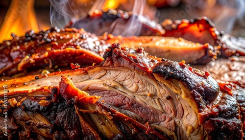 Glazed BBQ Ribs with Caramelized Sauce and Smoke Rising