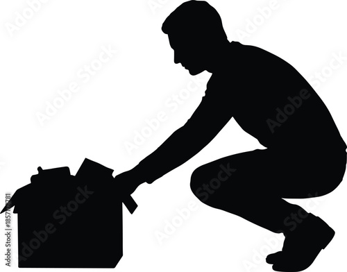 Man, lifting, heavy, box, silhouette, effort, strength, hard, work, labor, challenge, determination, black, figure, isolated, white, background, physical, power, concept