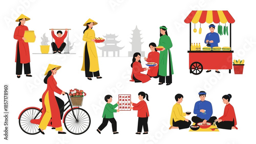 Vietnamese people in traditional ao dai outfits, daily life scenes, street food, and culture