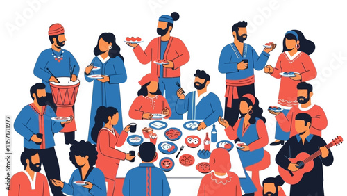 Diverse Group Enjoying Festive Meal Together with Music and Food