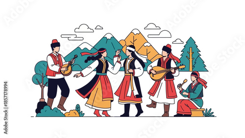 Folkloric Music and Dance: Diverse Group in Traditional Attire Performing Outdoors