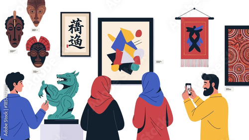 Diverse people admire art exhibition: sculptures, paintings, masks, cultural displays