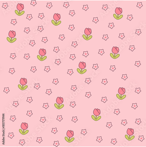 Soft pink background with cute tulip and star patterns, creating a sweet, playful, and cozy aesthetic.