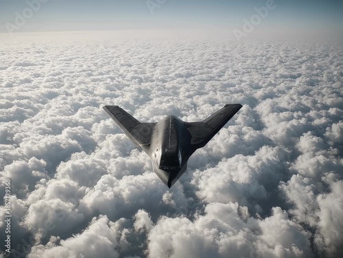 A stealth bomber soars over a sea of clouds in the vast sky
