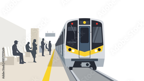 Modern Metro Train Arriving at Station Platform with Silhouetted Passengers Waiting