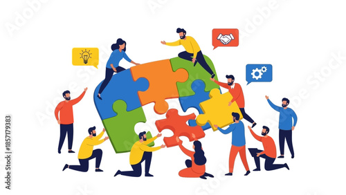 Teamwork puzzle collaboration concept, people assembling jigsaw pieces, business strategy solution