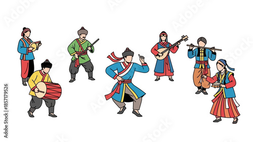 Traditional Asian Performers with Musical Instruments and Drums