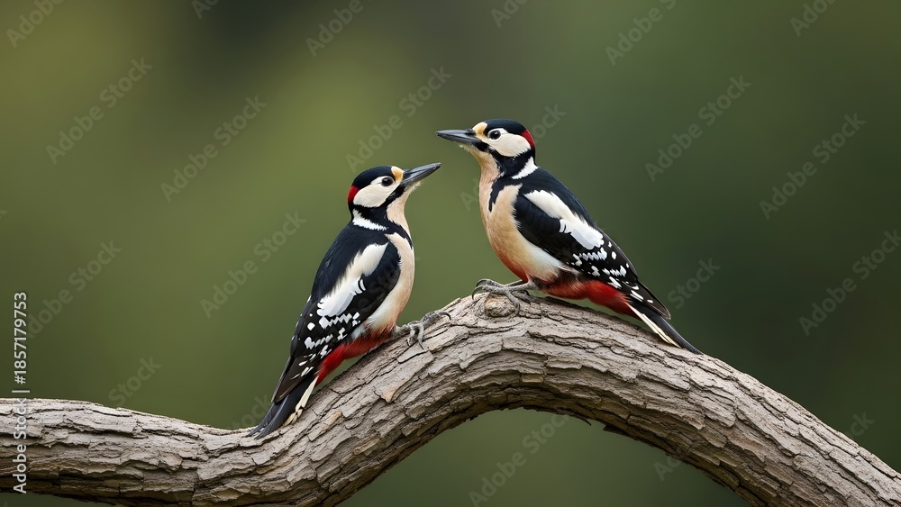Obraz premium Two Great Spotted Woodpeckers Perched on a Branch in Nature.