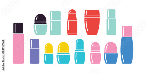 A set of colorful roll-on deodorant icons outlined, all isolated on a white background.