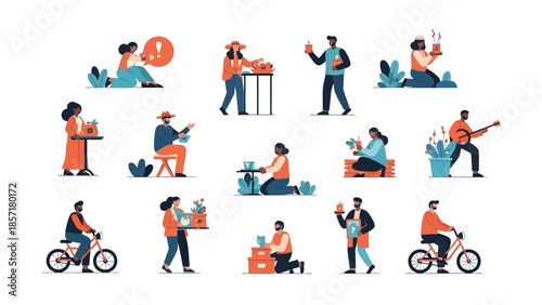 Diverse people engaged in various hobbies and activities, illustration collection