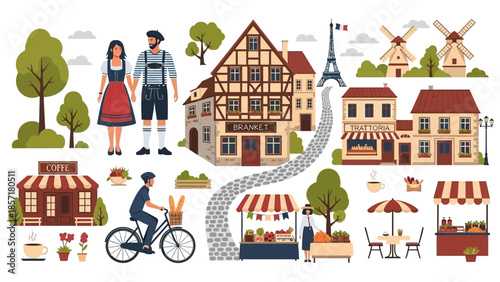 Parisian Street Scene with Eiffel Tower, Traditional Buildings, Couple, and Market Stalls