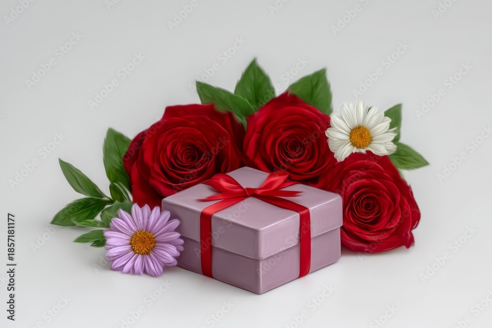 Fototapeta premium Soft pink present wrapped with a red ribbon nestles among vibrant roses and delicate daisies on a light background, perfect for celebrating romance, gratitude, or special occasions.