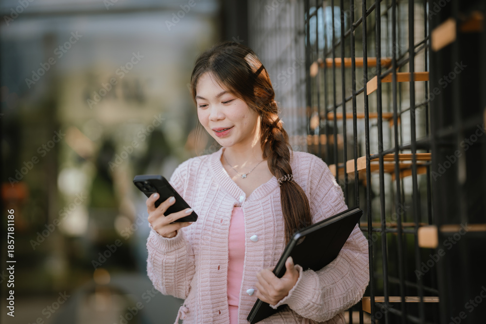 Fototapeta premium A young woman stands outdoors holding a smartphone and laptop, smiling confidently in a modern urban setting, representing a mobile lifestyle, technology use, and smart working concept.