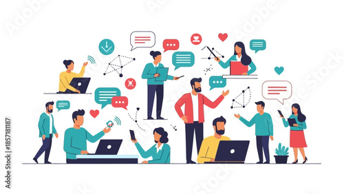 Diverse people communicate online using laptops and smartphones, social media concept