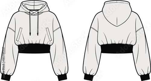 Cropped hoodie, fashion sketch, technical drawing, vector illustration, garment design, apparel template, hoodie front back, CAD style, clothing blueprint