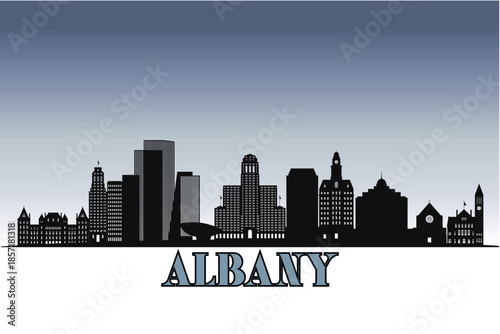 Global city Albany shown in a detailed vector skyline with grey rainy sky