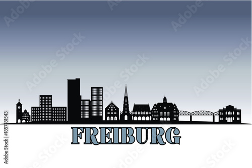 Global city Freiburg shown in a detailed vector skyline with grey rainy sky