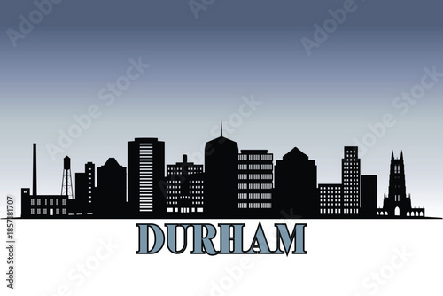 Photos Global city Durham shown in a detailed vector skyline with grey rainy sky