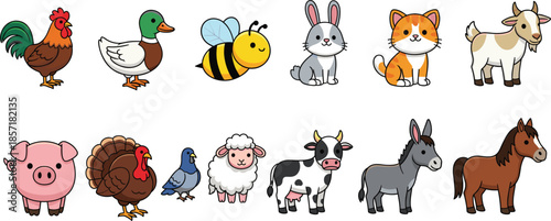 Cute cartoon farm and domestic animals vector set with birds insects and pets in flat illustration style