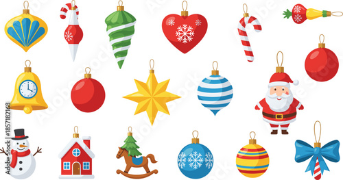 Christmas holiday ornaments and festive decorations vector set with Santa baubles stars and candy canes in flat style