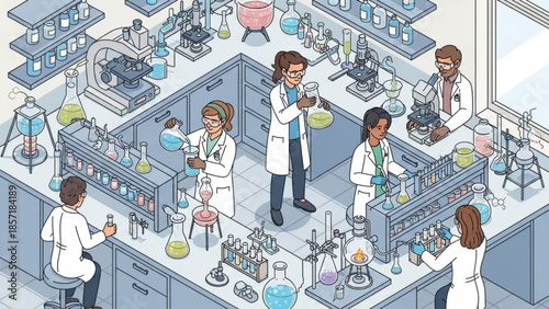 Diverse group of scientists working together in a busy laboratory with various equipment and colorful