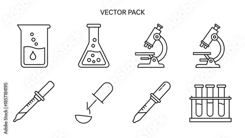 Laboratory equipment vector pack with microscopes, beakers, test tubes, and syringes for science