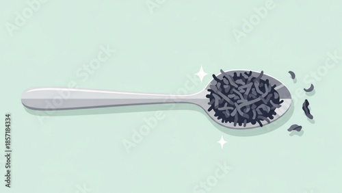 Spoon full of black capsules on light green background with sparkles