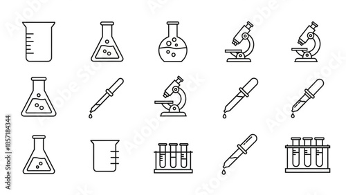 Science laboratory equipment icons including beakers, flasks, microscopes, and pipettes for biology