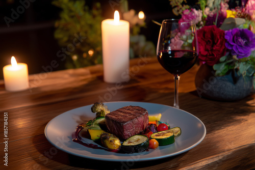A Steak Dinner with Roasted Vegetables and Red Wine, Candlelit Meal