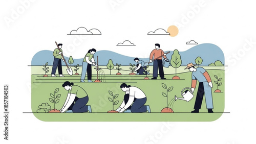 People planting trees and gardening in a field with mountains and sunny sky