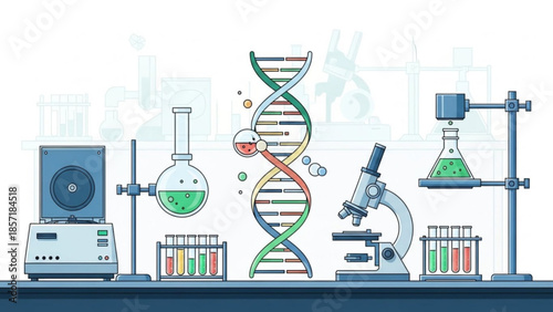 Scientific laboratory equipment with dna double helix model and various test tubes and microscopes