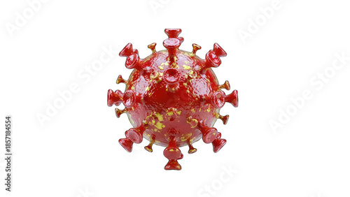 3D Red Coronavirus Particle with Spikes and Yellow Spots on transparent background