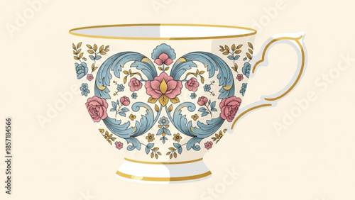 Vintage ornate teacup with floral pattern and gold trim on cream background