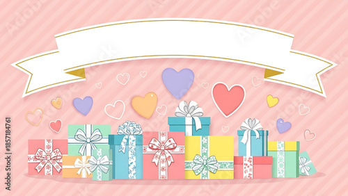 A festive row of colorful gift boxes decorated with ribbons and bows, with pastel hearts and a blank banner for text, set against a pink striped background
