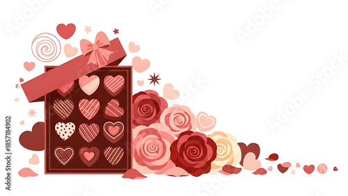 A box of heart-shaped chocolates and roses, a sweet gift for Valentine's Day or any occasion